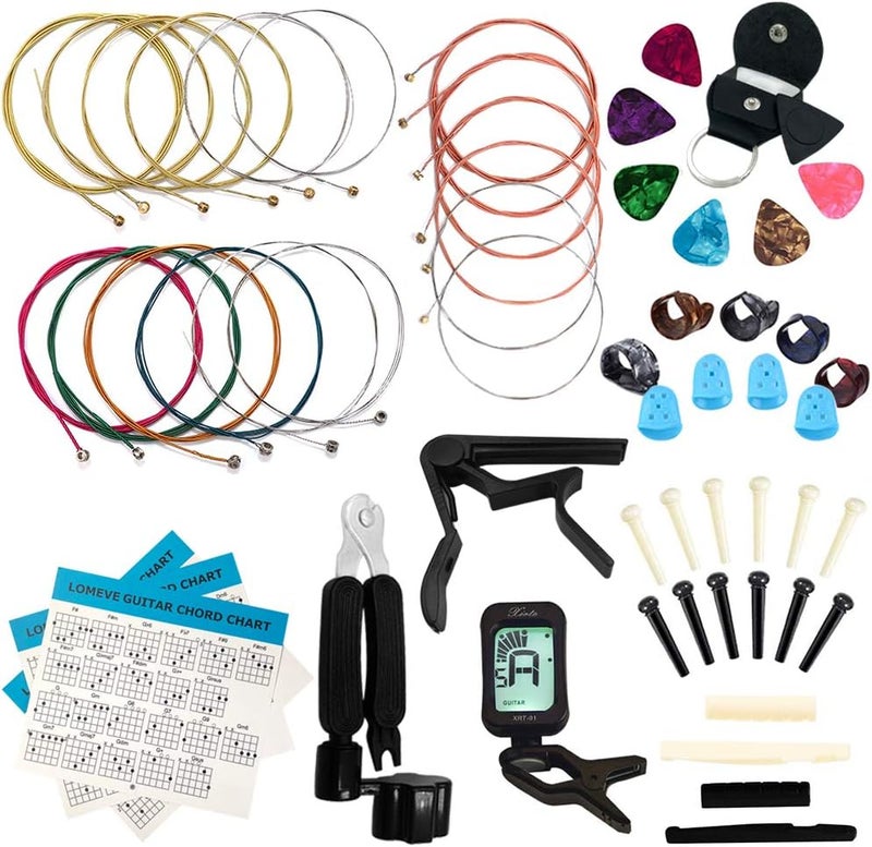 FLOMEVE Guitar Accessories Kit Include Acoustic Strings, Tuner, Capo, 3-in-1 Restring Tool, Picks, Pick Holder, Bridge Pins, Nuts & Saddles, Finger Protector, Chord Chart (58PCS) - Image 1