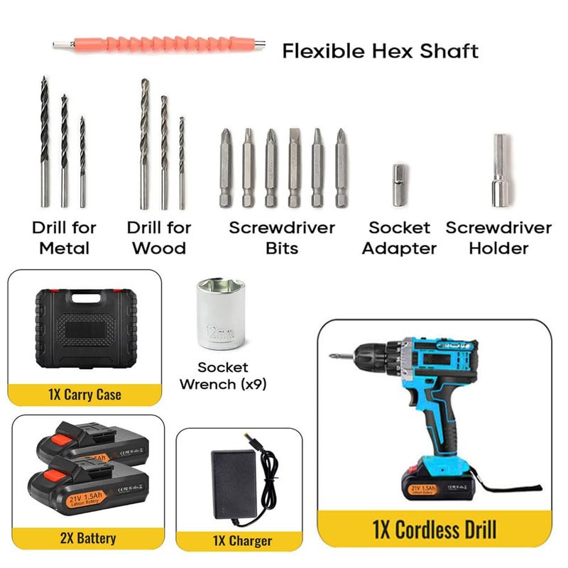 MLD MLD 10mm 21V Cordless screwdriver Hammer Drill Kit | Hammering | Drilling | Screwdriving | with 2 Batteries, Charger (21V Cordless Hammer Function kit)  - Image 4