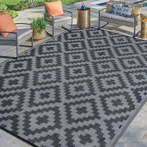SAND MINE Waterproof Outdoor Rug 9x12 ft Plastic Reversible Rug Modern Area Rug Large Floor Mat for Outdoors RV Patio Backyard Deck Picnic Beach Camping Black Grey Lattice