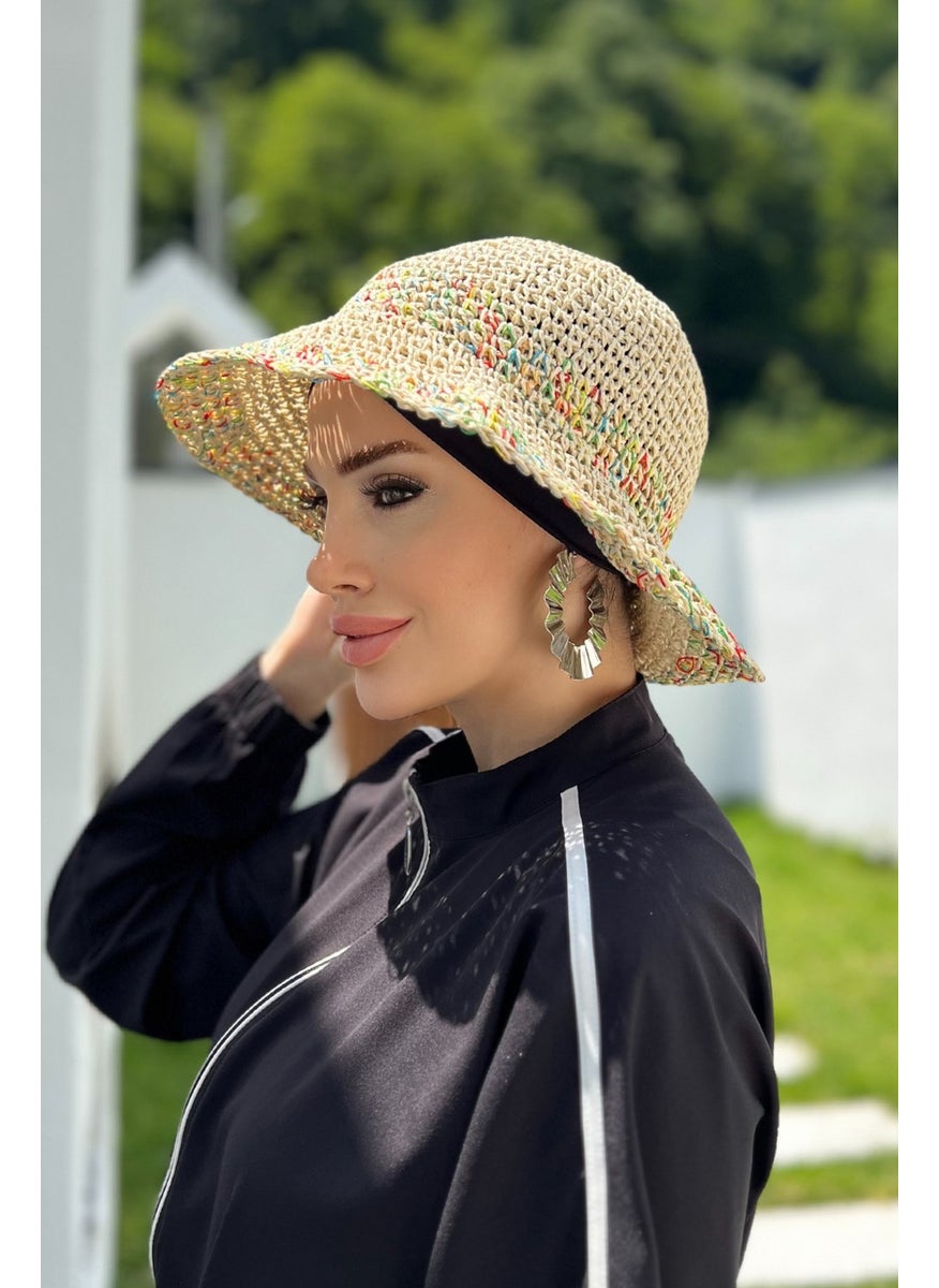Remsa Mayo Color Detailed Hand Knitted Straw Hat Rş-86 Beige  - Image 2