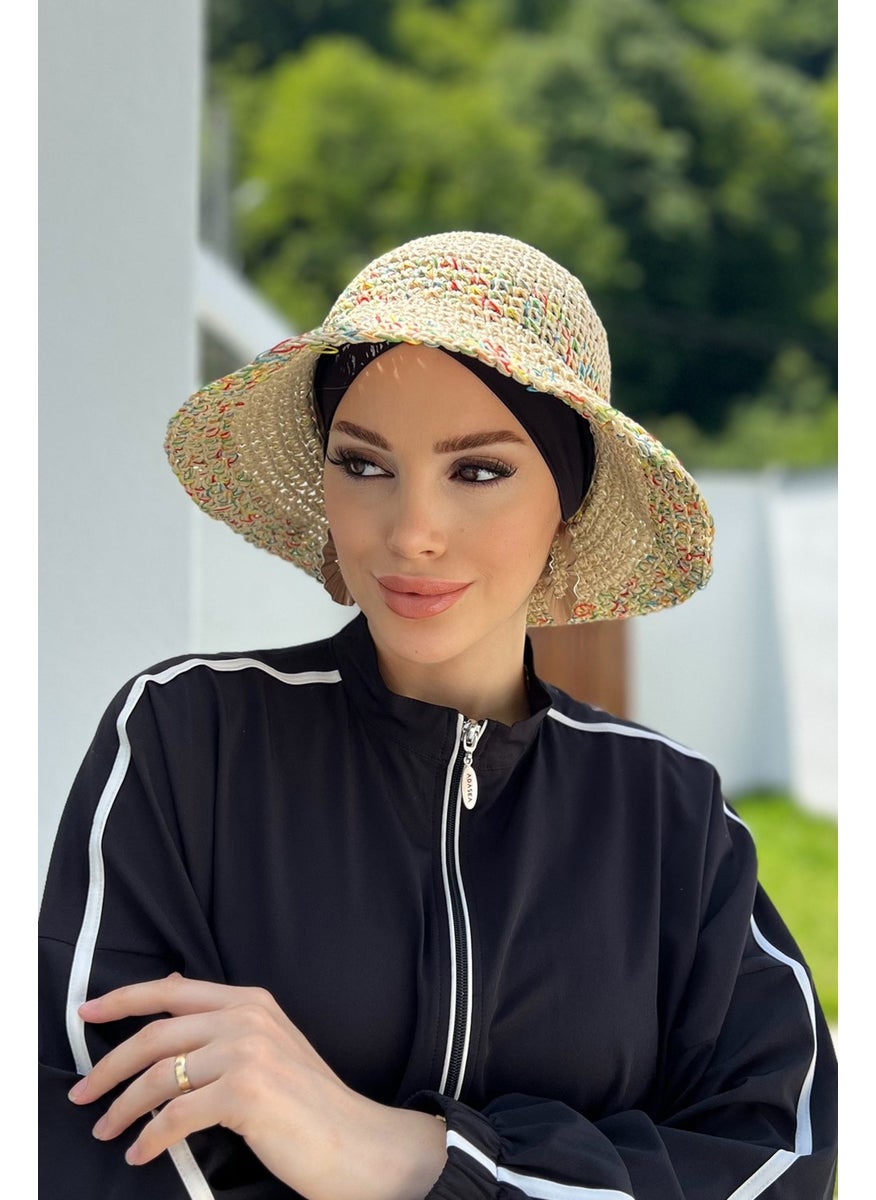 Remsa Mayo Color Detailed Hand Knitted Straw Hat Rş-86 Beige  - Image 5