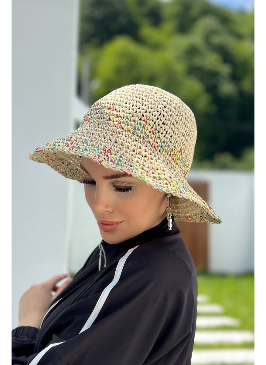 Remsa Mayo Color Detailed Hand Knitted Straw Hat Rş-86 Beige  - Image 3