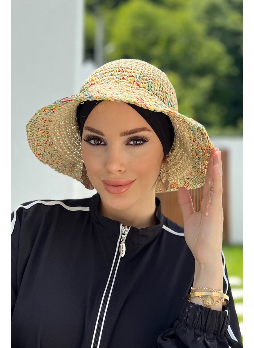 Remsa Mayo Color Detailed Hand Knitted Straw Hat Rş-86 Beige  - Image 1