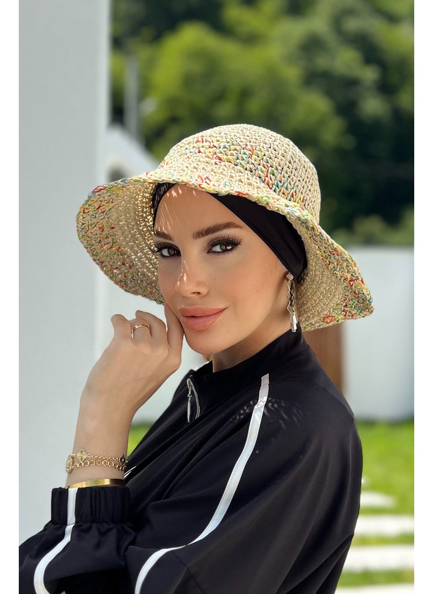Remsa Mayo Color Detailed Hand Knitted Straw Hat Rş-86 Beige  - Image 4