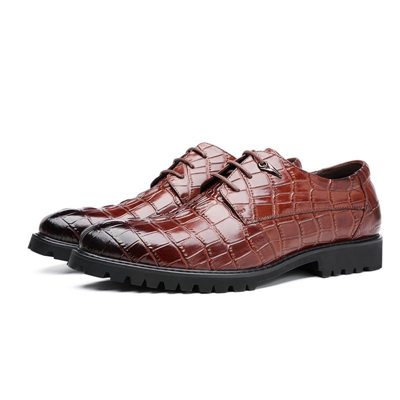 Leather shoes 2021 spring and autumn new men's business formal wear casual leather shoes tide breathable pointed toe British crocodile pattern men's shoes brownsinglelining 42 - Image 1