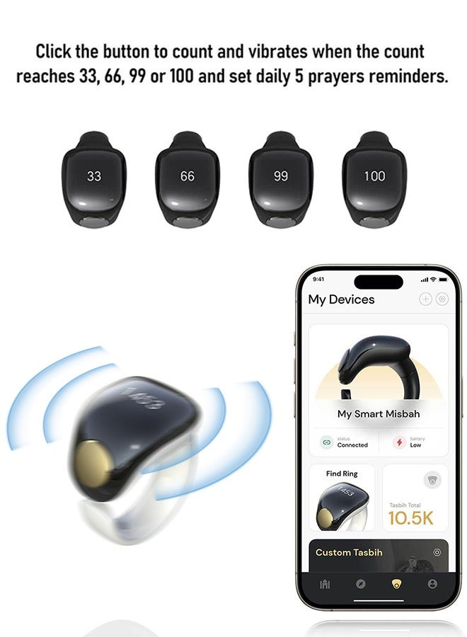 WESLAMIC Tasbih Zikr Smart Ring, Adjustable Counter, Size (16,18,20,22,24mm), APP Support Digital Counter Prayer Reminder Ring, Waterproof Counter Zikr Ring(Black) - Image 4