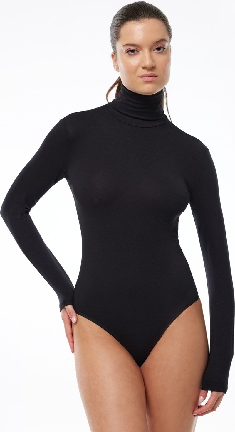 Malabadi Women's Black Full Turtleneck Hooked Modal Bodysuit 136  - Image 1