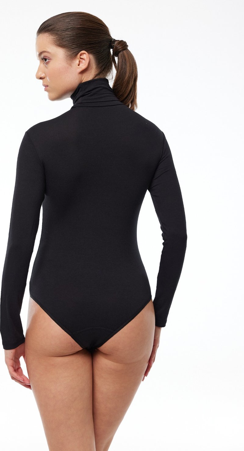 Malabadi Women's Black Full Turtleneck Hooked Modal Bodysuit 136  - Image 3