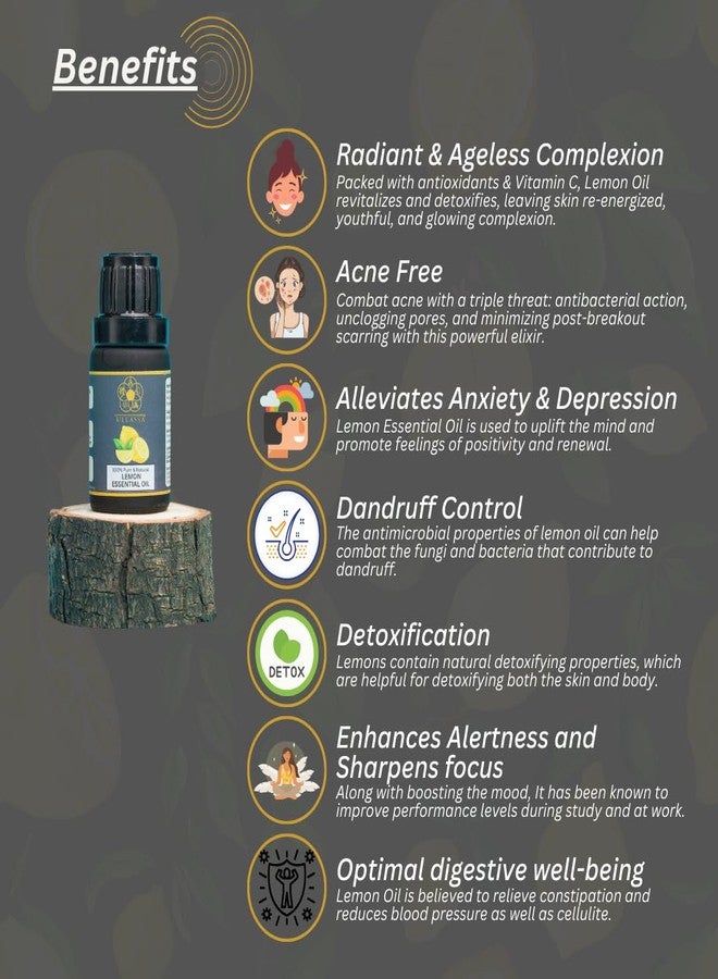 ULLASSA Lemon Essential Oil | Brightens Complexion, Combats Acne | Clears Dandruff | Uplifting & Energizing | For Oily Skin | 100% Pure & Natural | Citrus Limonum (Pack of 1) - Image 4