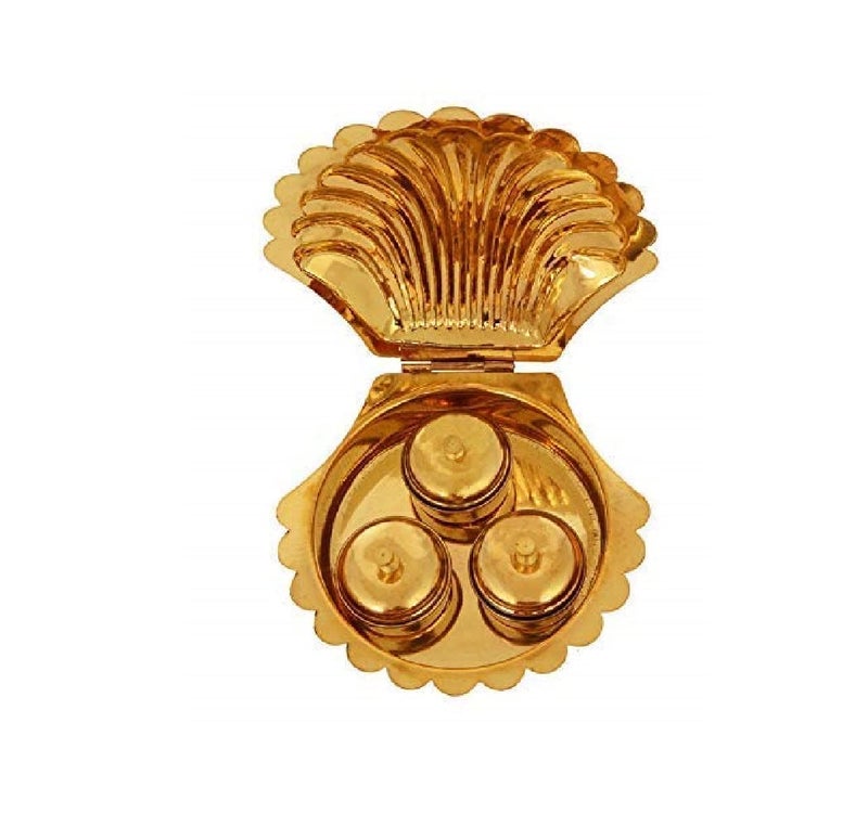 Denique Brass Haldi Kumkum Pooja Box Multi-Purpose Sindoor Rituals Roli Chawal Akshat Dibbi Chandan Chopala Elaichi Mishri Haldi Pooja Items Decorative Storage Box for Puja Karanda, - Image 5