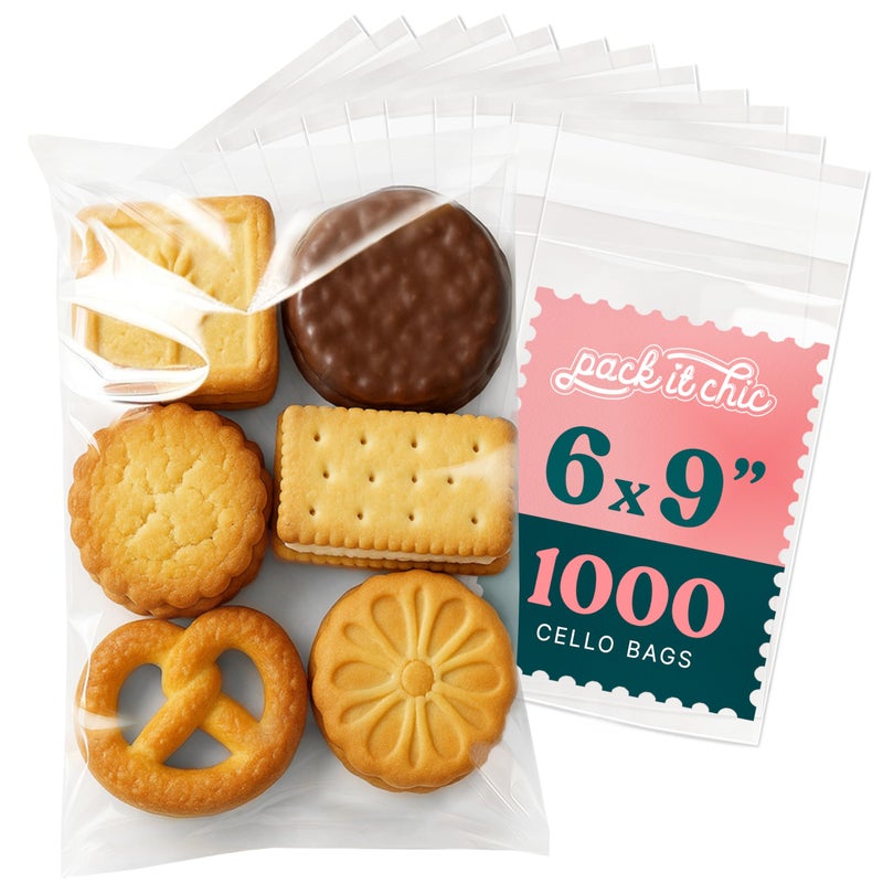Pack It Chic - 6" X 9" Clear Self Sealing Cellophane Bags (1000 Pack) - Cookie and Pretzel Rod Bags With Resealable Adhesive for Baked Goods Packaging, Candy, Pastries, Bread, Treats, Party Favors