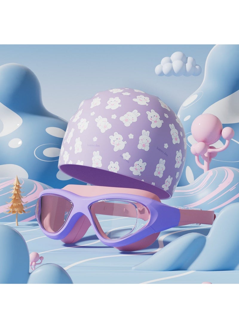 Generic Kids Swim Goggles Anti-fog UV Protection Smoked clothes purple bunny swimming cap