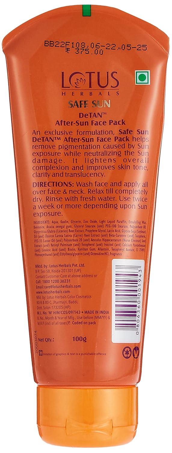 LOTUS HERBALS Lotus Safe Sun DeTan AfterSun Face Pack Horse chestnut extracts reduces Sun Tan Brightens Skin All skin types 100g  - Image 2