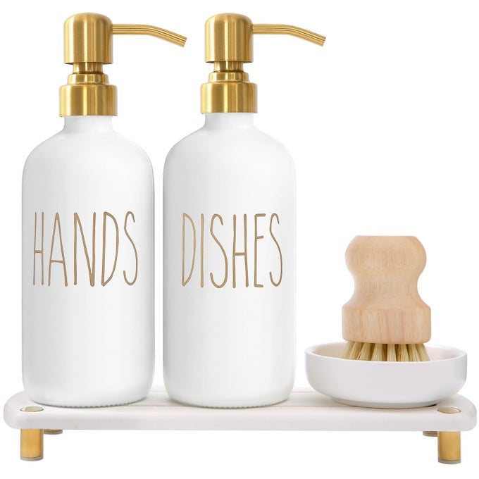 GOLD SOAP DISPENSER SET COMES WITH STAINLESS STEEL PUMPS INSTANT DRY TRAY AND DISH SCRUB BRUSH SUITABLE FOR KITCHEN DECOR AND ACCESSORIES GOLD