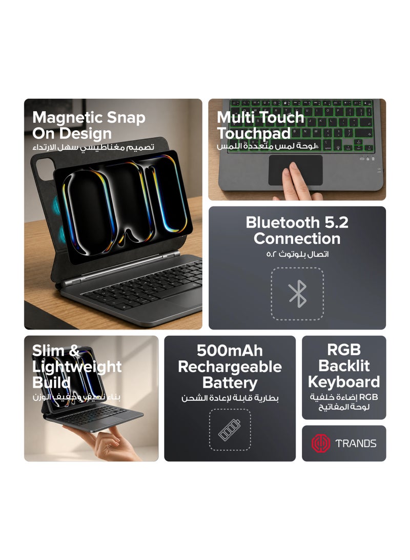 Trands Magnetic Keyboard Case for iPad with Multi-Touch Trackpad, RGB Backlit Keys, Bluetooth 5.2 an 500mAh Rechargeable Battery - Black - Image 2