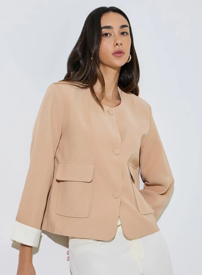 Styli Beige Button-Front Blazer with Flap Pocket