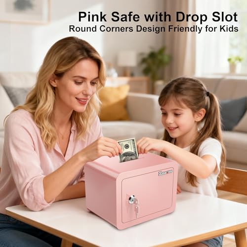 Emasme Pink Safe Kids Safe Mini Safes for Kids Small Safes for Home Dorm Safety Box for Money Cash Documents Mini Lock Box with Key Pink Portable (0.23 cubic feet) - Image 2