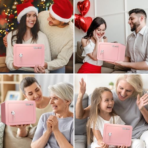 Emasme Pink Safe Kids Safe Mini Safes for Kids Small Safes for Home Dorm Safety Box for Money Cash Documents Mini Lock Box with Key Pink Portable (0.23 cubic feet) - Image 3