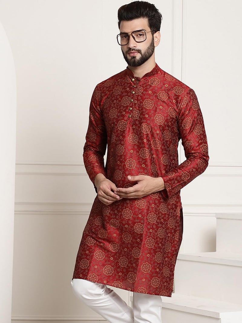 SOJANYA (Since 1958 Men's Silk Blend Maroon Color Print Design only Long Kurta - Image 2