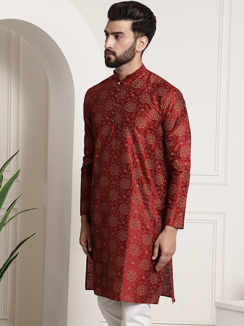 SOJANYA (Since 1958 Men's Silk Blend Maroon Color Print Design only Long Kurta - Image 3