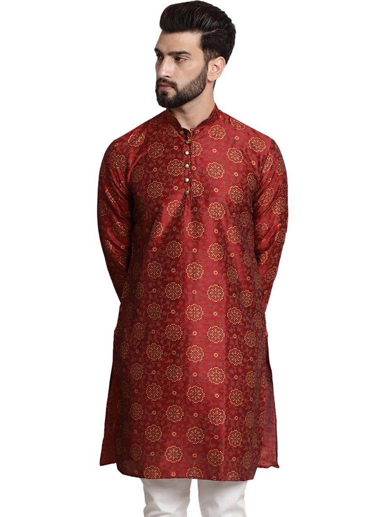 SOJANYA (Since 1958 Men's Silk Blend Maroon Color Print Design only Long Kurta - Image 1