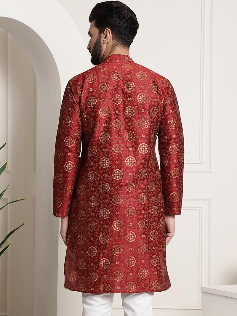 SOJANYA (Since 1958 Men's Silk Blend Maroon Color Print Design only Long Kurta - Image 4