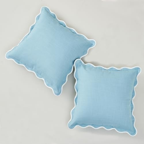 Mayler Yee Scalloped Pillow Covers Set of 2 for Living Room Spring Decorative Sofa Couch Pillows Boho Sytle Decorative Home Aesthetic Funky Preppy Pillow Cases Blue 18x18 Inch