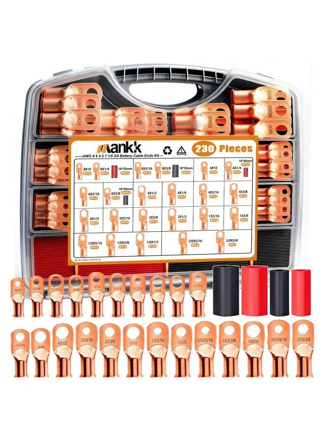 mankk 230PCS Copper Wire Lugs AWG 1 2 4 6 8 1/0 2/0 Gauge Battery Terminal Connectors Battery Cable Ends Connectors Copper Ring Terminal Kit with 3:1 Heat Shrink Tubing M-N-099-230PCS - Image 1