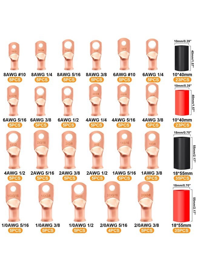 mankk 230PCS Copper Wire Lugs AWG 1 2 4 6 8 1/0 2/0 Gauge Battery Terminal Connectors Battery Cable Ends Connectors Copper Ring Terminal Kit with 3:1 Heat Shrink Tubing M-N-099-230PCS - Image 2