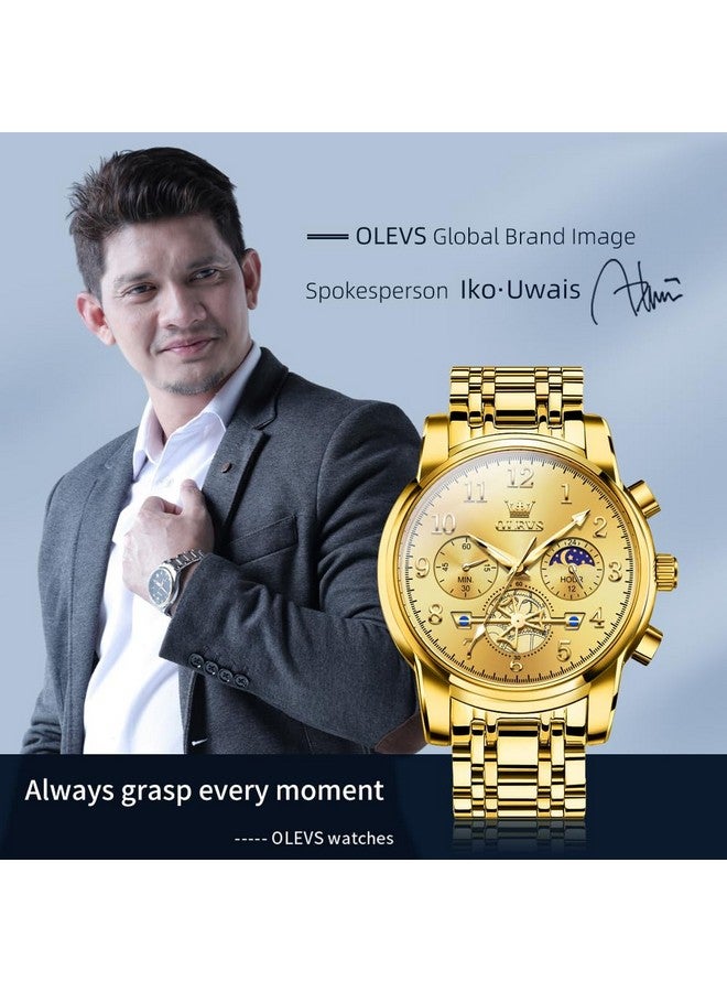 OLEVS Men's Business Watch Gold with Large Easy-Read Analog Quartz Date Display Luxury Stainless Steel Band Waterproof Luminous Hands - Image 2