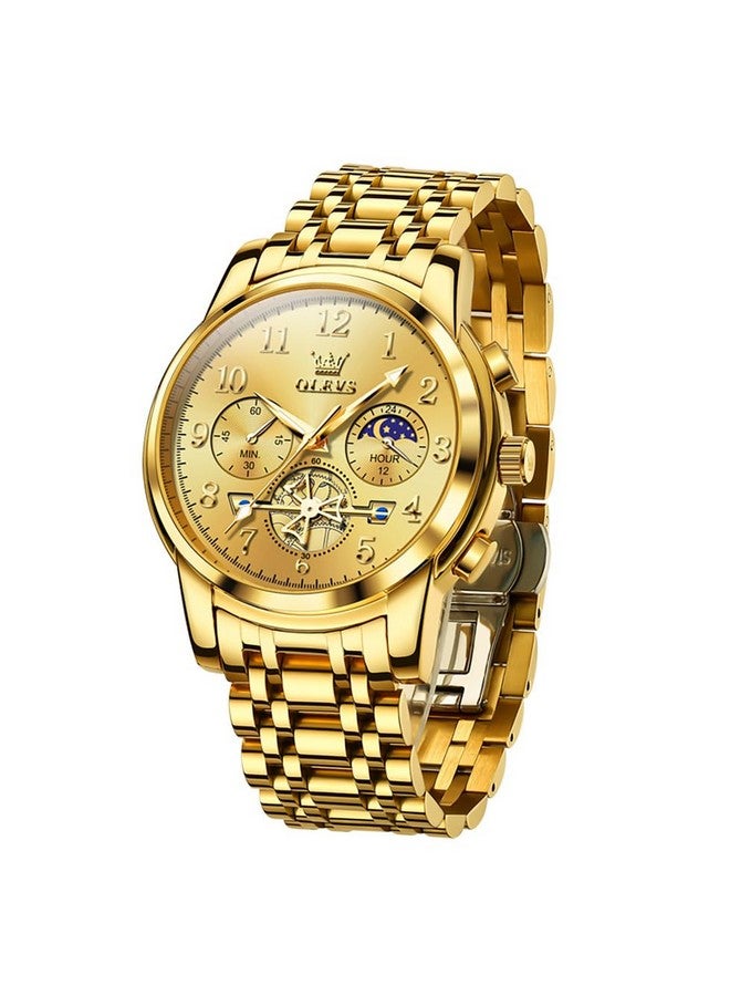 OLEVS Men's Business Watch Gold with Large Easy-Read Analog Quartz Date Display Luxury Stainless Steel Band Waterproof Luminous Hands - Image 1