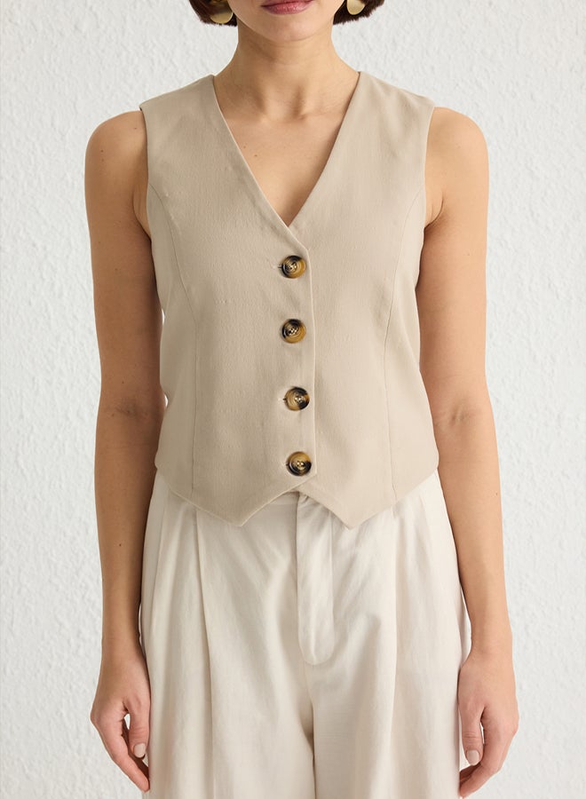 trendyol Beige Fitted Premium Buttoned Crop Woven Vest TWOAW24YE00061 - Image 3