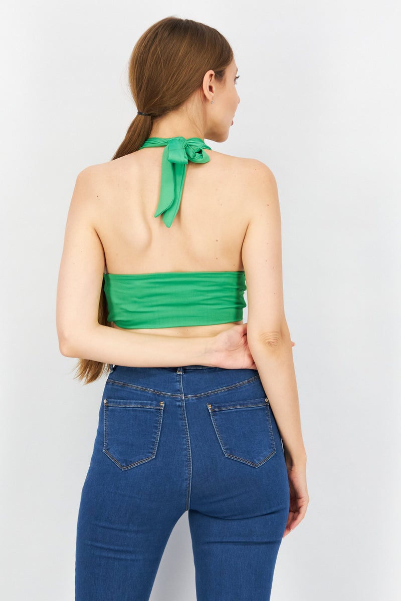 Sinsay Women Tie Neck Sleeveless Plain Crop Top, Green - Image 3