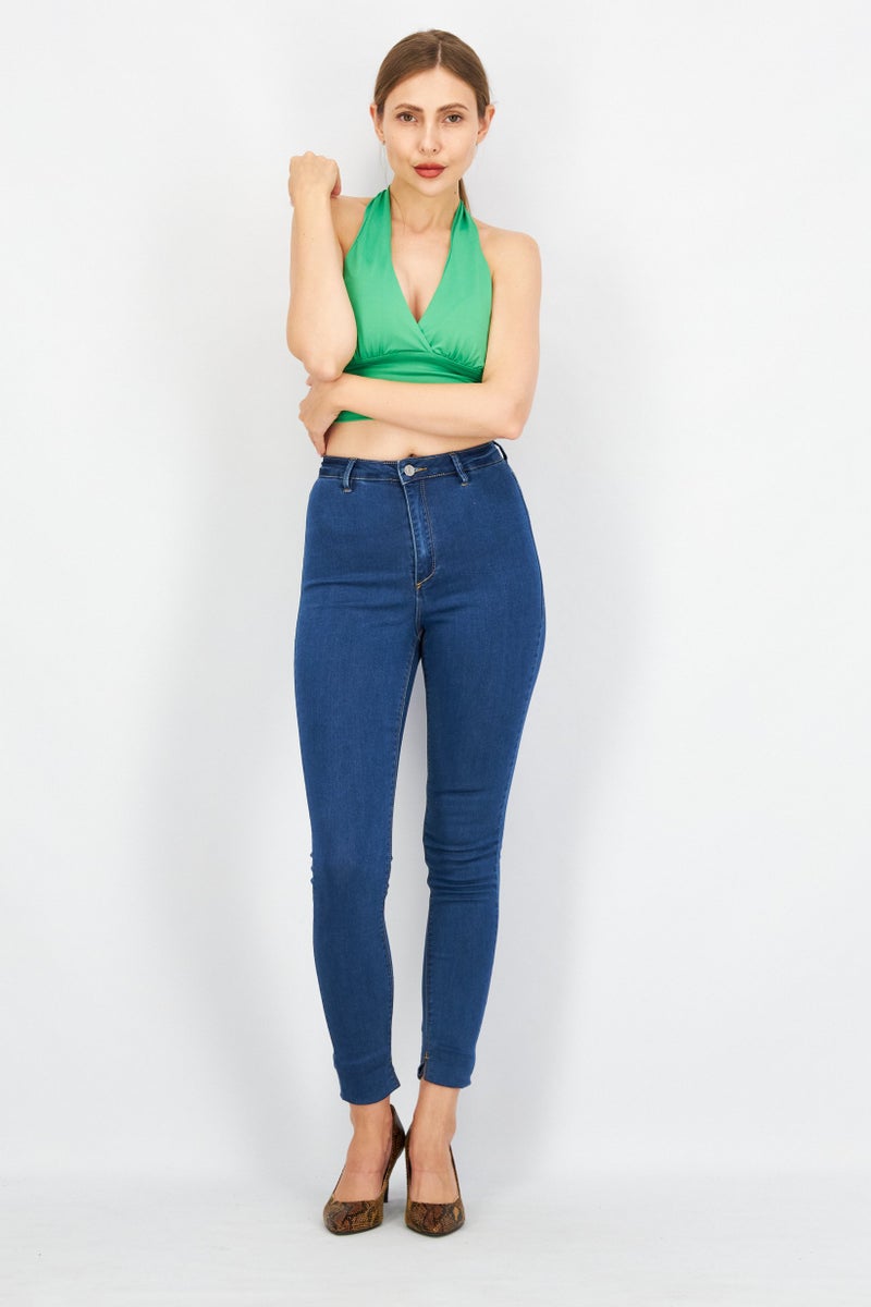 Sinsay Women Tie Neck Sleeveless Plain Crop Tank Top, Green - Image 4