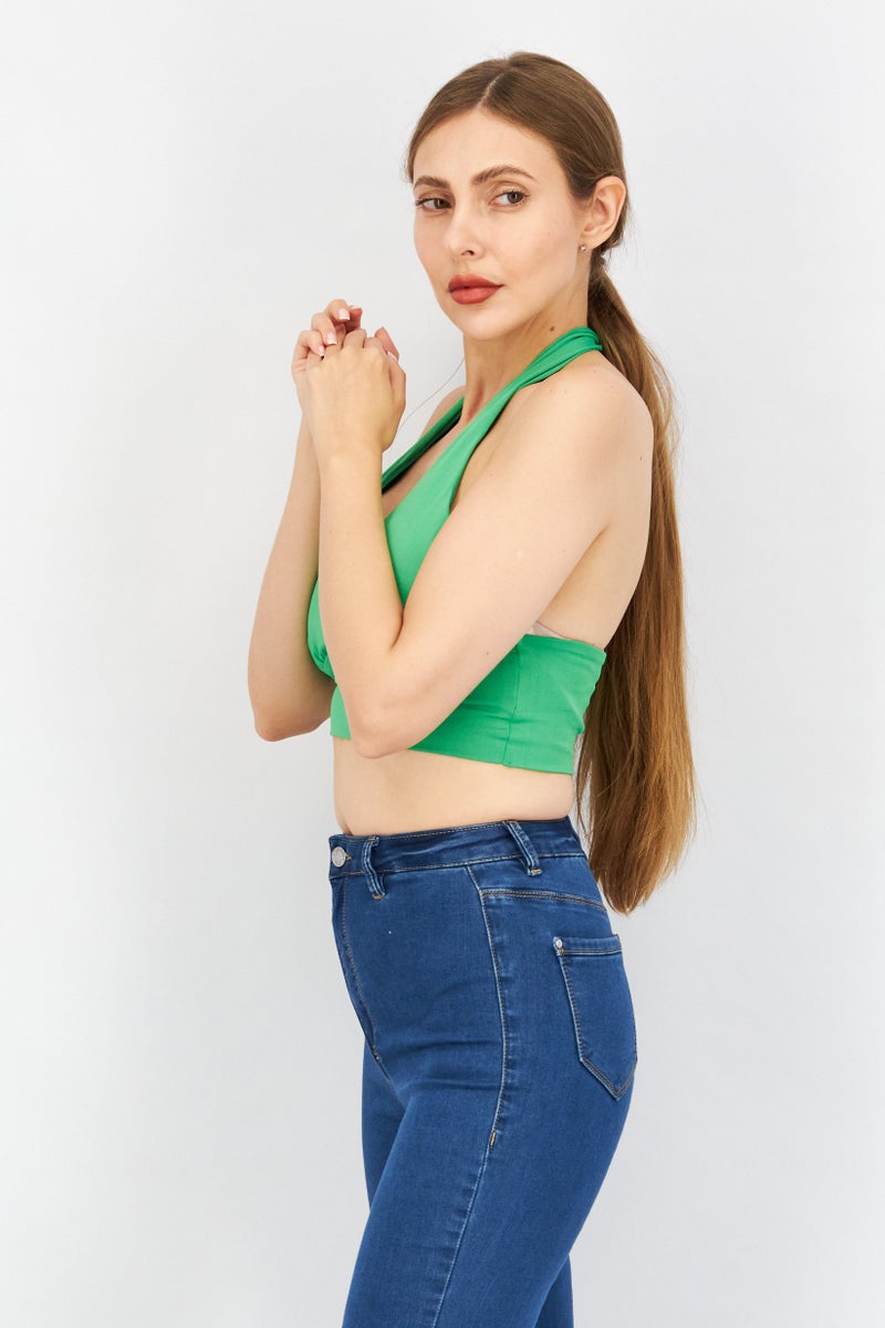 Sinsay Women Tie Neck Sleeveless Plain Crop Tank Top, Green - Image 4