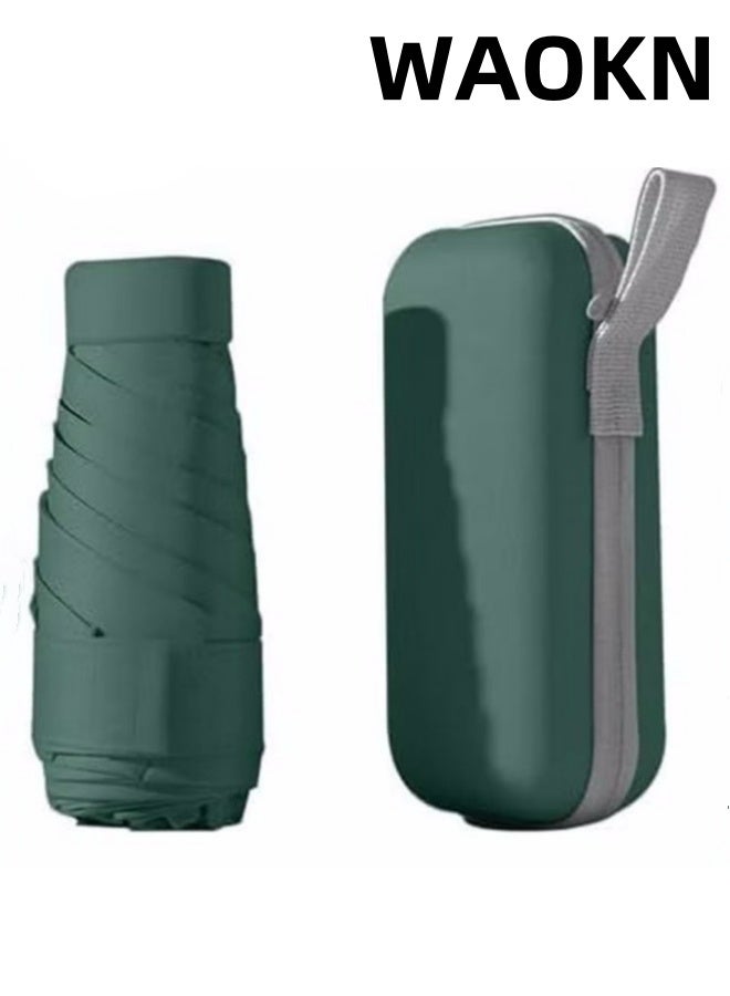 WAOKN New fashionable and simple solid color flat folding mini sun umbrella, UV resistant portable umbrella, equipped with sunshine UPF50 capsule storage box, alloy material umbrella, suitable for rainy and sunny days (dark green). - Image 2
