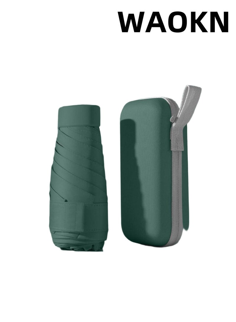 WAOKN New fashionable and simple solid color flat folding mini sun umbrella, UV resistant portable umbrella, equipped with sunshine UPF50 capsule storage box, alloy material umbrella, suitable for rainy and sunny days (dark green). - Image 1
