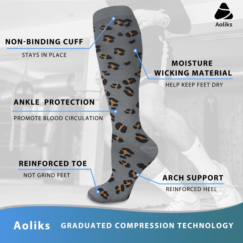 Aoliks Compression Socks for Women and Men, Knee High Support Stockings, Travel Gifts for Women, Fashion Compression Socks for Trips and Vacation, Black Leopard Design - Image 5