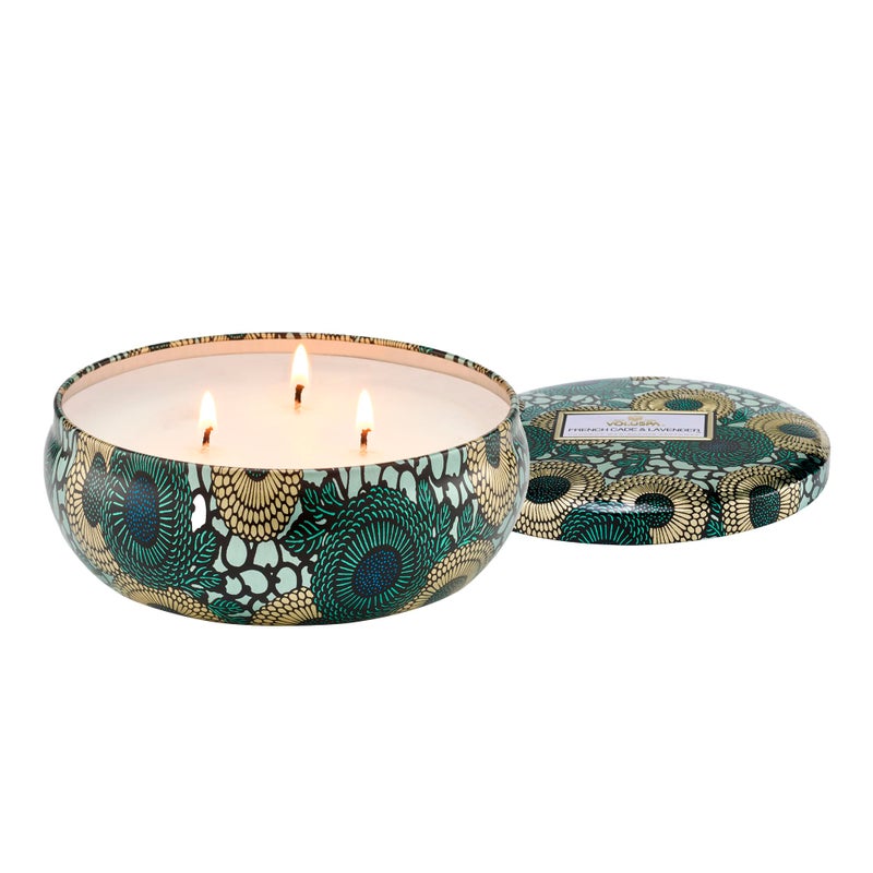 Voluspa French Cade Lavender 3 Wick Tin Candle 12 oz 40 Hour Burn Time Coconut Wax for Clean Burning Handcrafted in the USA