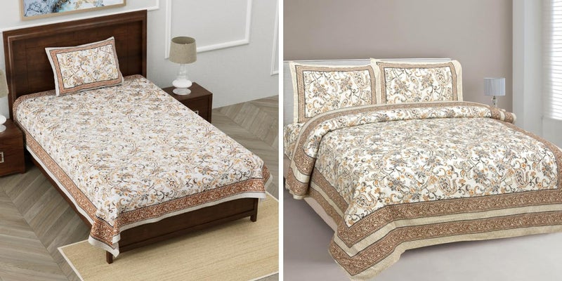 EasyGoods® 100% Pure Cotton Sanganeri Print Double Single Combo Bedsheet with 2/1 Pillow Covers | Monarch Bedsheet for Single/King Size Bed| 240 TC Premium Printed Flat Bed Sheet (Light Brown) - Image 1