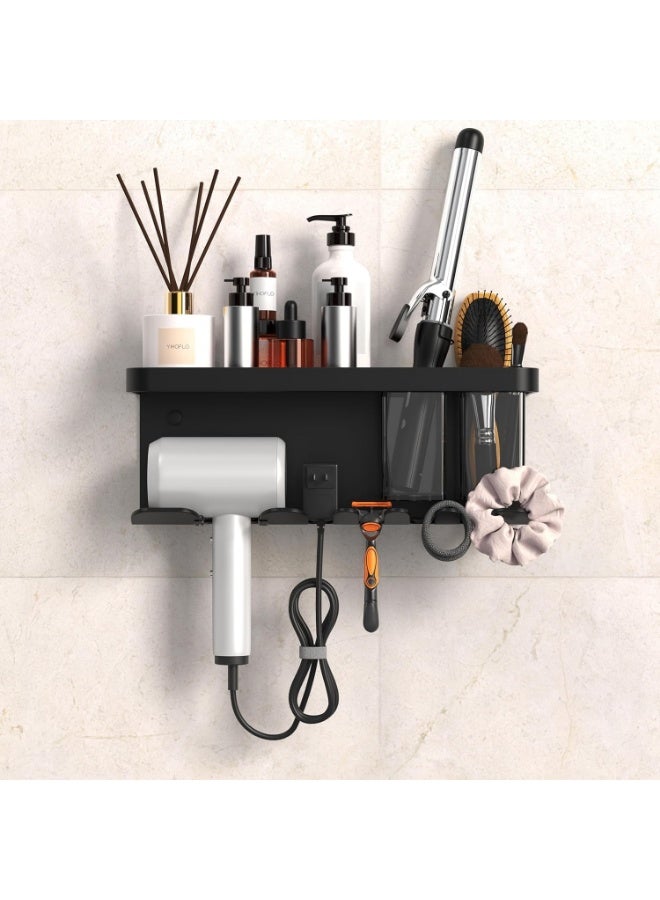 يلا جوي حامل مجفف شعر يُثبت على الحائط، منظم تخزين مجفف الشعر مع رف وخطافات للحمام، حامل مجفف الشعر، منظم أدوات تصفيف الشعر، رف مجفف شعر متعدد الوظائف من سبائك الألومنيوم (أسود) - Image 1