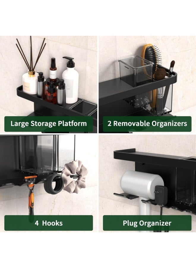 يلا جوي حامل مجفف شعر يُثبت على الحائط، منظم تخزين مجفف الشعر مع رف وخطافات للحمام، حامل مجفف الشعر، منظم أدوات تصفيف الشعر، رف مجفف شعر متعدد الوظائف من سبائك الألومنيوم (أسود) - Image 2
