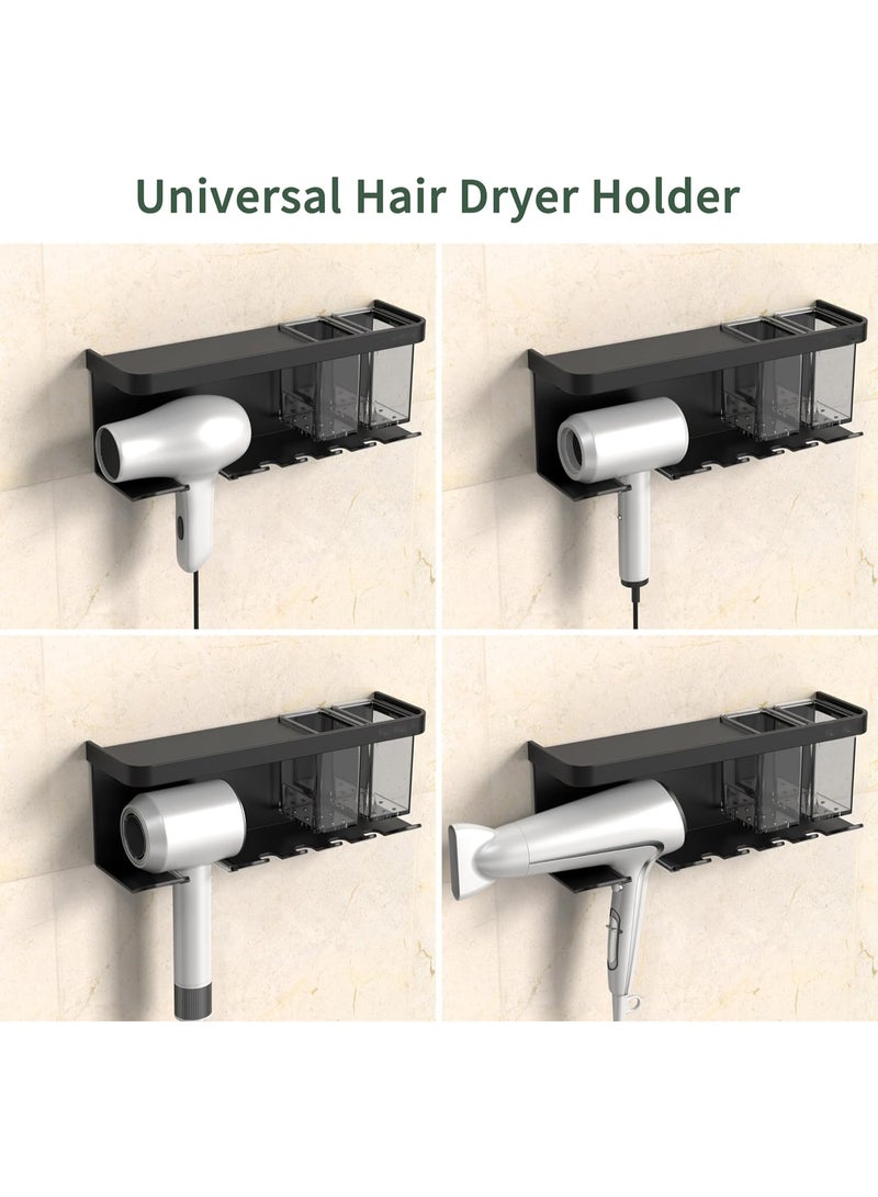 يلا جوي حامل مجفف شعر يُثبت على الحائط، منظم تخزين مجفف الشعر مع رف وخطافات للحمام، حامل مجفف الشعر، منظم أدوات تصفيف الشعر، رف مجفف شعر متعدد الوظائف من سبائك الألومنيوم (أسود) - Image 3