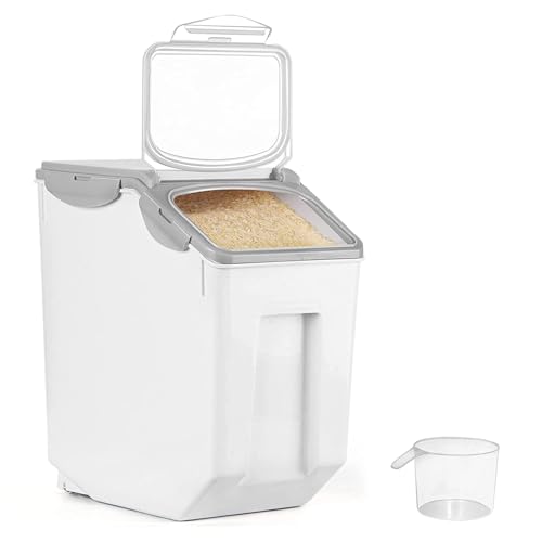 ABOUT SPACE 1 Pack Rice Dispenser (15Kg) Airtight Rice Storage Container with Measuring Cup - Rice Barrel Dispenser, Moisture Proof Organiser for Cereals, Grains, Pulses & Pet Food - Grey - Plastic - Image 1