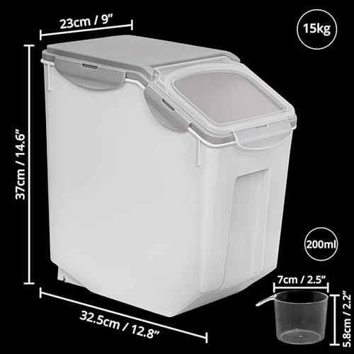 ABOUT SPACE 1 Pack Rice Dispenser (15Kg) Airtight Rice Storage Container with Measuring Cup - Rice Barrel Dispenser, Moisture Proof Organiser for Cereals, Grains, Pulses & Pet Food - Grey - Plastic - Image 2