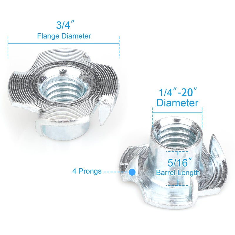 Aovchei 1/4"-20 T-Nuts (100 Pack), Zinc-Plated Steel Corrosion Resistant, 5/16" Barrel Length, 4-Pronged Tee Nut for Wood, Rock Climbing Holds, Cabinetry - Image 2