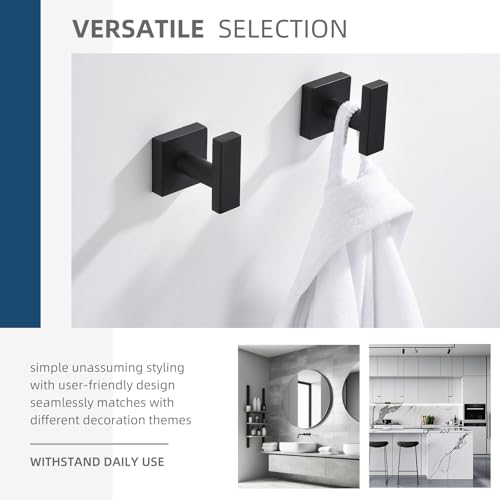 Angle Simple Bathroom Towel Hooks, Stainless Steel Robe Coat Hooks for Wall, Matte Black, 2 Pack - Image 3