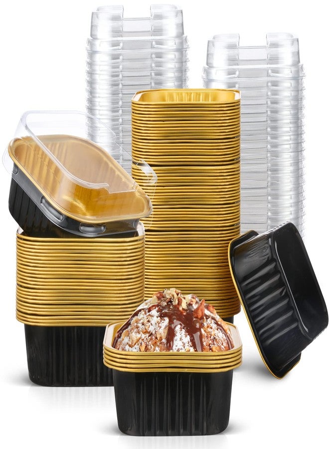 Mimorou 100 Pcs Mini Cake Pans with Lids 5 oz Cupcake Liners Dessert Baking Cups Aluminum Foil Baking Cup Disposable Ramekins Tin with Lids Small Muffin Square Pie Container(Black and Gold) - Image 1