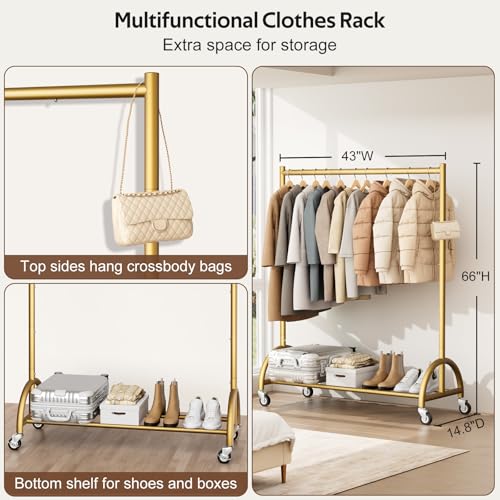 MISSLO Heavy Duty Clothing Rack with Wheels Rolling Clothes Racks for Hanging Clothes, Coats, Garment, Dress, Gold - Image 5