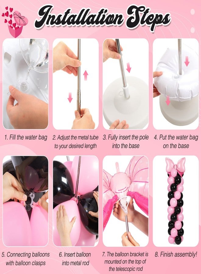 Leitee 2 Sets Adjustable Black Pink Bow Balloon Column Stand Kit Include 143 Pcs Black and Pink Adjustable Balloon Stands Kit for Bow Coquette Themed Party Graduation Birthday Wedding Floor Decoration - Image 4